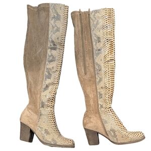 Pierre Dumas Snakeskin Chunky Heeled Knee High Boots Taupe Suede 8.5 Wide Calf